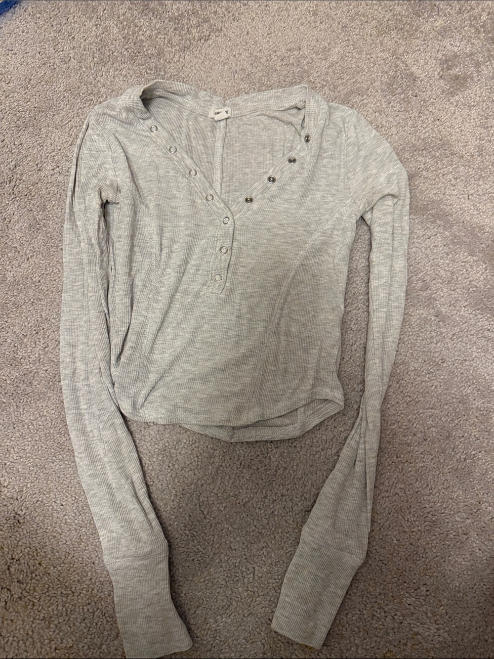 Garage Light Gray Ribbed Snap Henley Long Sleeve Top